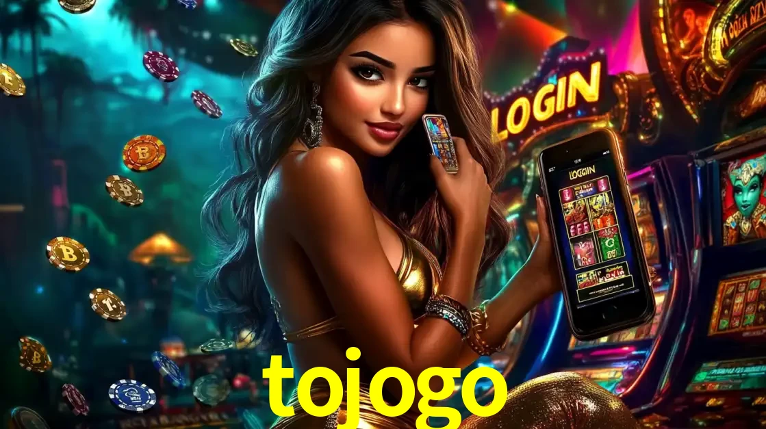 Mulher em um cenário de cassino temático de aventura, mostrando o app de caça-níqueis da tojogo no celular. Fichas de apostas flutuam ao redor.