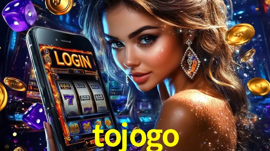 Mulher glamorosa segurando um smartphone com a tela de login para os jogos de caça-níqueis do cassino online tojogo, com moedas de ouro e dados ao redor.